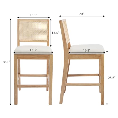 Image of Rattan Counter Height Bar Stools, 25.6'' Modern Counter Stools with Cane Back, Mid Century Bar Chairs for Kitchen Counter /Home Bar /Cafe, Set of 2, Cream