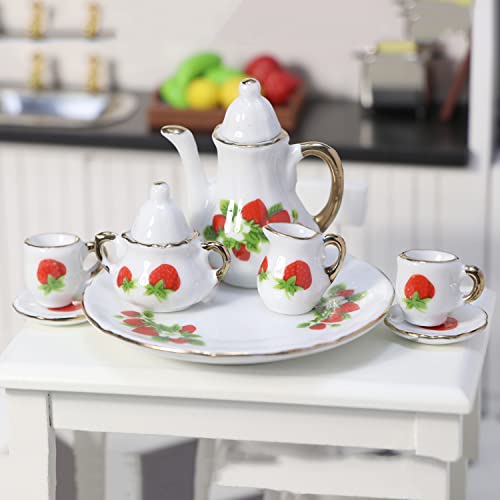 Image of Miniature Tea Set 1 /6 Scale Dollhouse Accessories Porcelain, Strawberry