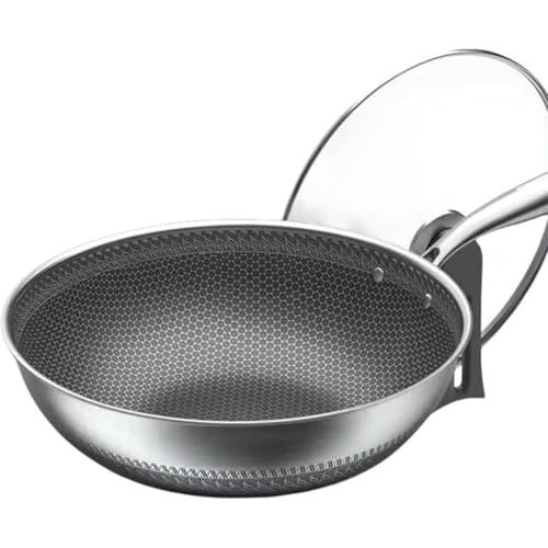 Vexnar ステンレス深型フライパン 中華鍋 ガラス蓋付き 厚底 均一加熱 煙が出にくい 多用途 取っ手付き 全ての熱源対応 家庭用キッチン向け 調理器具 32cm/34cm 並行輸入品 (32cm)