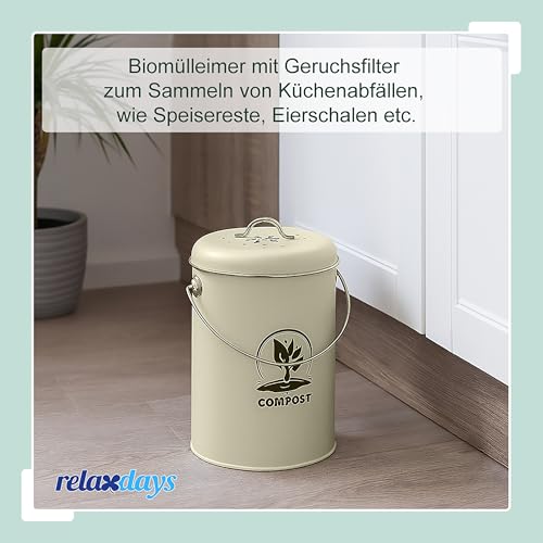 Relaxdays Komposteimer Küche 5,5 Liter, Mülleimer mit Deckel und Geruchsfilter, Abfalleimer Biomüll, Eisen, Creme