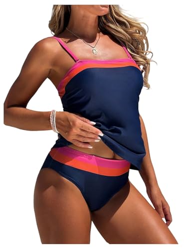 WDIRARA Women's Color Block 2 Piece Tankini Swimsuit Spaghetti Strap Bathing Suit