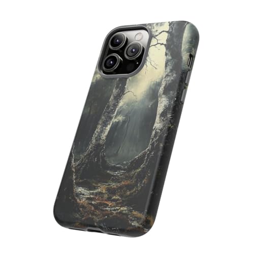 Coque rigide mate iPhone 14 Pro Max noire protection motif forêt maussade