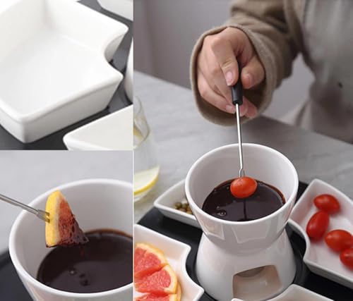 Keramik Schokofondue Set, 300ML Schokoladenfondue mit 4 Keramiktellern und 4 Gabeln, für Käse Fondue Familienessen Nachtisch Picknicks, Weiß – Bild 4