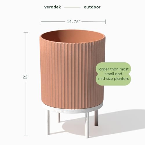 Image of Veradek Demi Series Raised Planter - Round Planter with Stand | Made From a Durable Plastic-Stone Composite & Comes With Wooden Stand. Modern Porch /Patio Decor