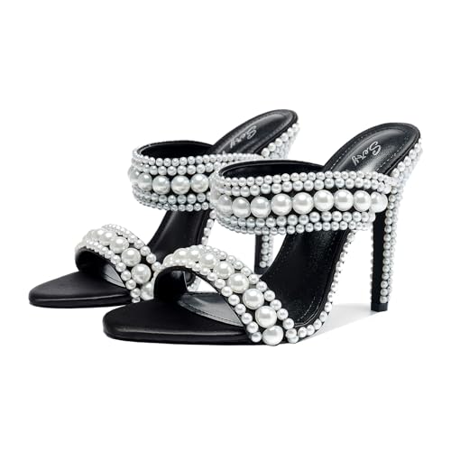 Women's Pearl Open-Toe Sparkly 4.3IN Stiletto Heels Sandals Nightclub Party Wedding Shoes4