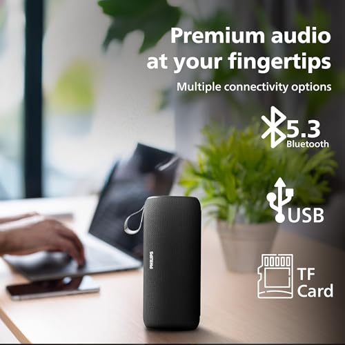 Image of PHILIPS Audio TAS2400BK Portable Bluetooth Speaker with Stereo Sound, 32W RMS, 2400mAh Rechargeable Battery, BT v5.3 Connectivity, IPX4 Waterproof, Supports TF /USB /BT Modes with Hanging Strap (Black)