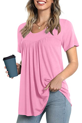 LONGYUAN Women Summer Short Sleeve Leggings Tunic Casual Loose Pleated Blouse Solid Flare Top Tees Pink X-Large