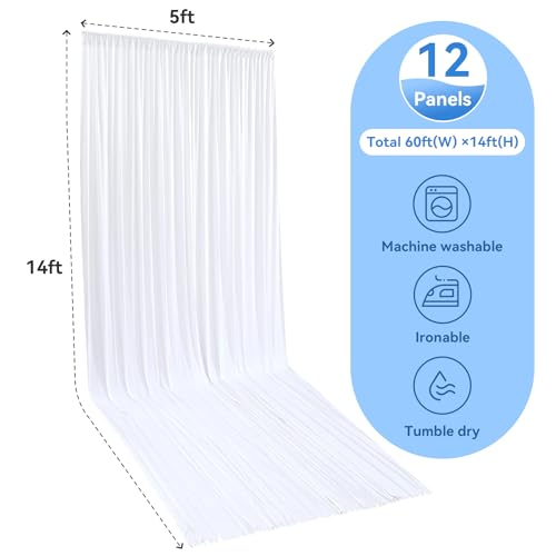 Image of 12 Panels 5x14ft White Backdrop Curtains for Parties, Wrinkle Free Polyester White Photo Backdrop Drapes 14 ft Long Back Drop Cloth for Wedding Birthday Photography Background Party