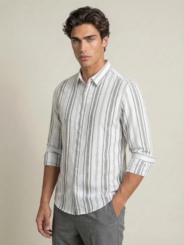 Image of Urbano Fashion Men's Cotton Full Sleeve Relaxed Fit Linen Striped Shirt with Spread Collar