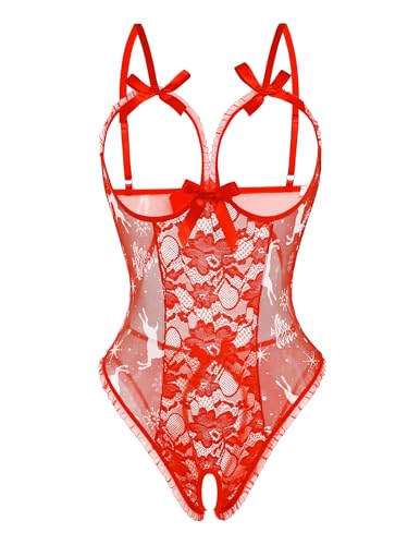 Avidlove Lingerie sexy para mulheres, peça única, babydoll de renda, roupa de dormir, Alce de Natal,