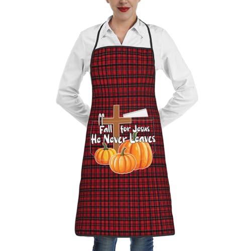 nopicsn Fall for Jesus He Never Leaves Apron for cooking with Pockets Women Men Kitchen Chef Funny Aprons