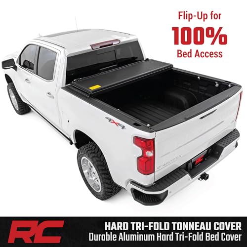 Rough Country Hard Tri-Fold Tonneau Cover for Chevy Silverado & GMC Sierra 1500 (2019-2025) - Low-Profile Aluminum Truck Bed Cover, Fits 5'10 Bed (69.9")