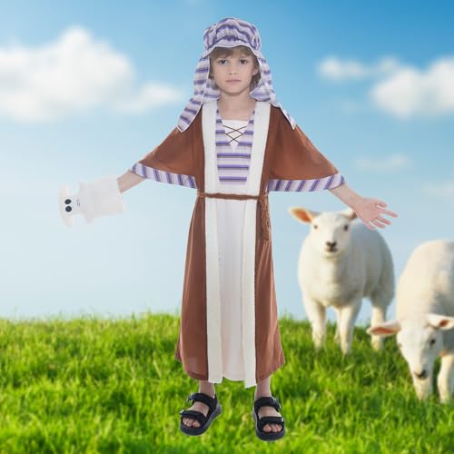 Wizland Kids Shepherd Costume Black&White Strip with Lamb Prop,Jesus Nativity-Ideal Christmas Fancy Dress Outfit for Boys 4-6 Years - Image 2