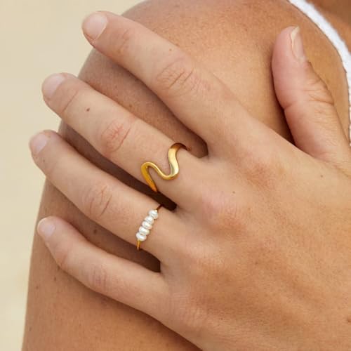 LIU JUN Freshwater Pearl Ring For Women, 14k Gold Plated Natural Freshwater Baroque Stainless Steel Stackable Engagement Rings Boho Fashion Gift Jewelry4