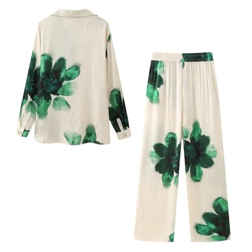 Women's Casual Print Loose Turn-Down Collar Shirt Stylish Office Elastic Waist Pants Set2
