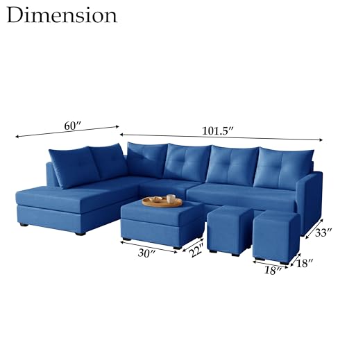 Image of Wood 8 Seater Sofa Set with Ottoman & Stools | Velvet Fabric Upholstery | Modern L Shape Wooden Frame Couch for Living Room, Home & Office (Blue)