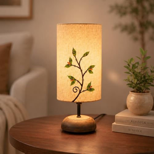 Image of Amazon Basics Twig & Leaf Table Lamp | Grey Base with Floral Branch Fabric Shade | E14 Holder | Decorative Night Lamp for Bedroom, Living Room & Study Room | Home Decor Gift
