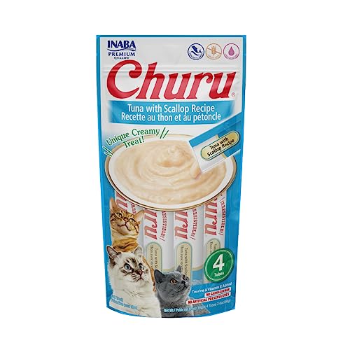 Juguetes Para Gato, Pet Products Inaba Churu Premios para Gato Sabor Atún y Vieira, Puré Cremoso, Delicioso Sabor, 4 Tubos 14gr c/u