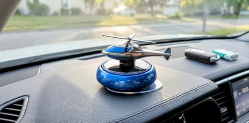 Image of Solar Powered Helicopter Car Dashboard Ornament, Rotating Air Freshener with Blue Base.