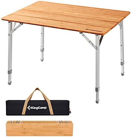 KingCamp Bamboo Folding Table Environmental Camping Table with Adjustable Height Aluminum Legs Heavy Duty 4-Folds Portable Camp Tables for Travel, Picnic, Party, Beach, Outdoor and Indoor, 1-2 People