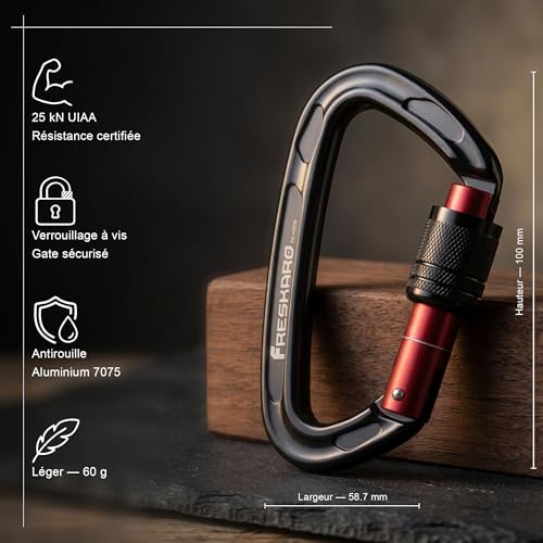 FresKaro Mousqueton d’Escalade, mousquetons en Aluminium, Mousqueton à vis, 25kN-2550kg, Double Verrouillage torsadé, Solide, pour Laisse de Chien, Pompier, hamac, Porte-clés, CE UIAA, Noir 2pc – vue 2