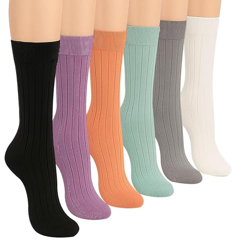 Thin Crew Socks for Women, Soft Breathable Bamboo Rayon Fashion Socks, Pastel Aesthetic Ribbed Dress Autumn Socks – 6 Pairs (Size 5-9), Perfect for Uggs