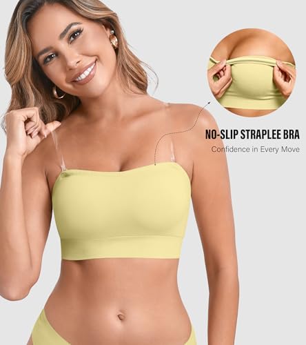 Image of DEANGELMON Strapless Bras for Women Wireless Push Up Non-Slip Bandeau Bra Seamless Clear Straps TubeTop Padded Bralette
