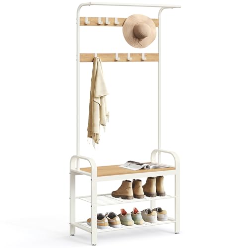 VASAGLE Coat Rack, Coat Stand with Shoe Storage Bench, 4-in-1 Design, with 9 Removable Hooks, a Clothes Rail, for Hallway, Entrance, 34 x 72 x 183 cm, Industrial, Oak and Cream HSR40W