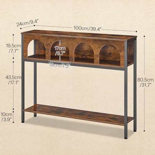 Image of HOOBRO Narrow Console Table, Entryway Table with 3-Tier Storage, Sofa Table, Behind Couch Table with Arched Design for Living Room, Entrance, Hallway, Rustic Brown and Black BF106XG01