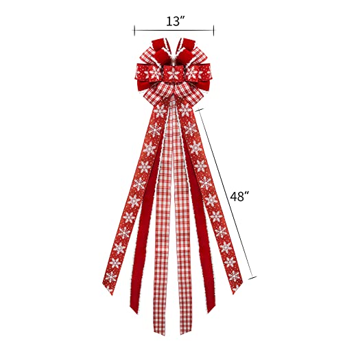 Christmas-Tree-Topper-Bow48x-13-Large-Velvet-Christmas-Wreath-Bows-Xmas-Ornaments-with-Long-Plaid-Streamer-Wired-Edge-Ribbon-for-Farmhouse-Christmas-Decoration-Red Christmas Tree Topper Bow48x 13 Large Velvet Christmas Wreath Bows Xmas Ornaments with Long Plaid Streamer Wired Edge Ribbon for Farmhouse Christmas Decoration Red