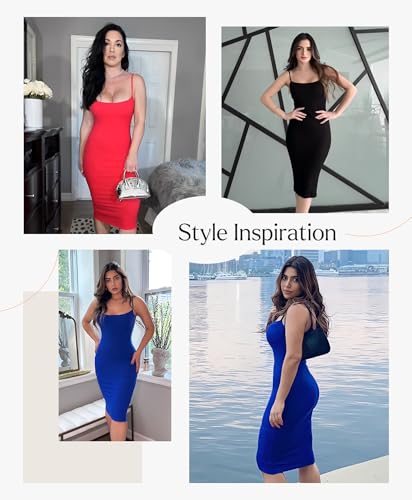 Image of Popilush Womens Summer Shapewear Dress - Bodycon Cocktail Graduation Party Midi Dresses with Built-in Bra