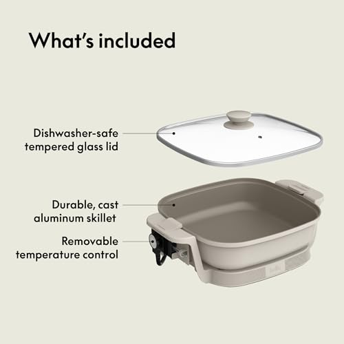 Image of bella Make & Take Electric Skillet, Fits-anywhere kitchenware, EverGood Ceramic Coating, Adjustable Temperature & Dishwasher-Safe Tempered Glass Lid, Cast Aluminum Base, 1200 Watt, Oatmilk