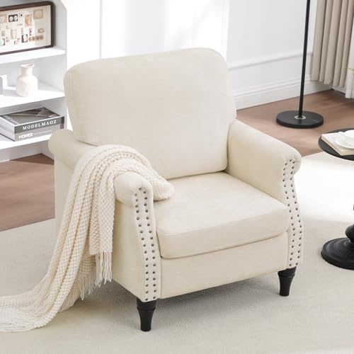 Image of Accent Chair Set of 2 for Living Room Modern Mid Century Reading Chair Armchair High Back Upholstered Armchair with Wooden Legs for Living Room Bedroom Office Beige