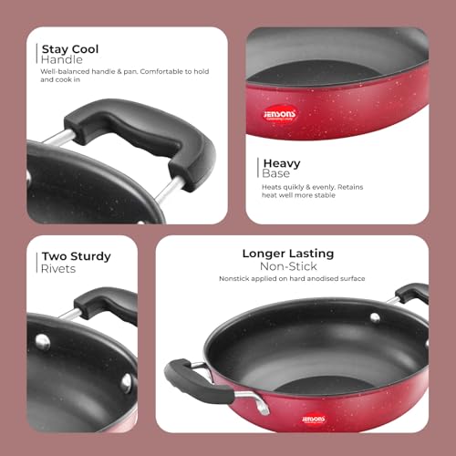 Image of JENSONS Premium Wellness Red Non-Stick Kadhai | Cool Touch Bakelite Handles | Pure Grade Iron| PFOA Free|1.7 litres Capacity | Size 22 cm Kadai |