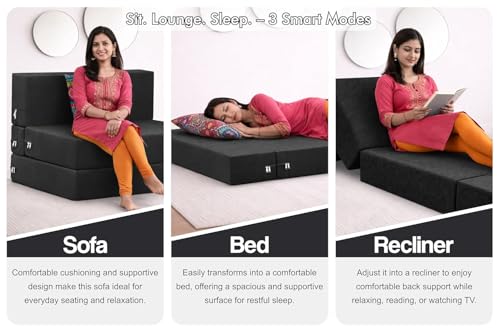 Image of Rosebell Four Seater Foldable Sofa Cum Bed (6x6 Feet) Jute Fabric, Washable Removable Cover, Includes Cushion | Space Saving Convertible Sofa Bed for Home, Office & Guests - Black Color