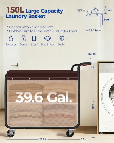 Image of Kayfia 150L Rolling Laundry Hamper, Laundry Basket with Wheels, Black