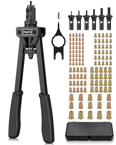 eSynic Professional 14 Inch Rivnut Tool Kit Heavy Duty Hand RIV Nut Gun Set with 125Pcs M3 M4 M5 M6 M8 M10 Rivet Nuts&6 Nut Riveter Mandrel-Save Effort for Garage Repairs, Workshop Metalworks etc.