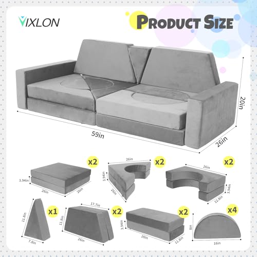 15 Pcs Modular Kids Play Couch, Toddler Couches That Fold Out, Plush Foam Chair for Children’s Playroom, Velvet Fabric Convertible Foam and Floor Cushion for Boys and Girls (Gray,27)