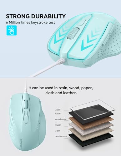 Image of TECKNET Wired Mouse, 6-Button Corded with 4 Adjustable DPI, Ergonomic Optical Mouse, 5FT Cord for Laptop, Chromebook, PC, Desktop, Mac, Notebook - LT.Green