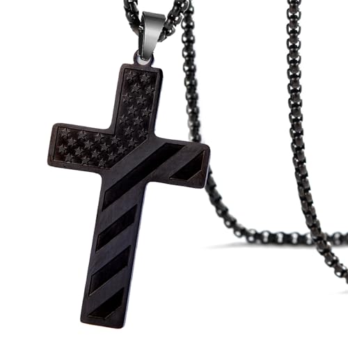 American Flag Cross Necklace for Men with Bible Verse Joshua 1:9 Black Silver Tone Stainless Steel Christian Pendant Necklace Box Chain