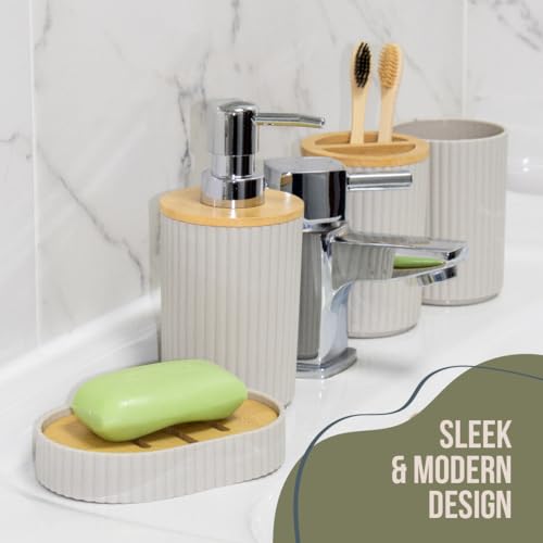 Anika Bathroom Accessory Set/Modern Bathroom Essentials Set/Includes Toothbrush Holder, Waste Bin, Toilet Brush, Cup, Soap Dish and Soap Dispenser (Stone) - Image 3