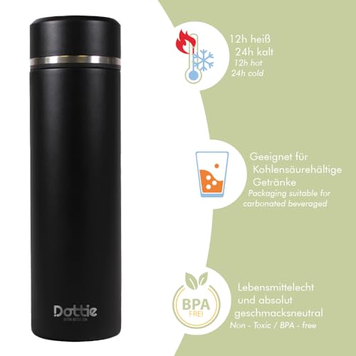 Personalisierte Thermosflasche von Dottie Bottle - Trinkflasche 'Lotty' mit eigenem Motiv bedrucken - Schwarze, auslaufsichere Trinkflasche aus Edelstahl