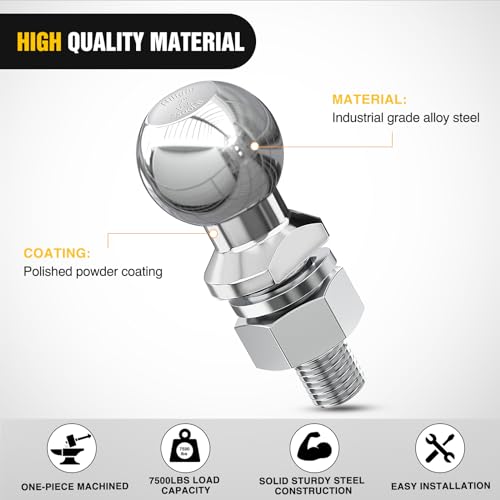 Image of Nilight 2-Inch Diameter Chrome Trailer Hitch Ball, 7,500 lbs, 1 x 2-1 /8-Inch Shank Universal Fit,Gray