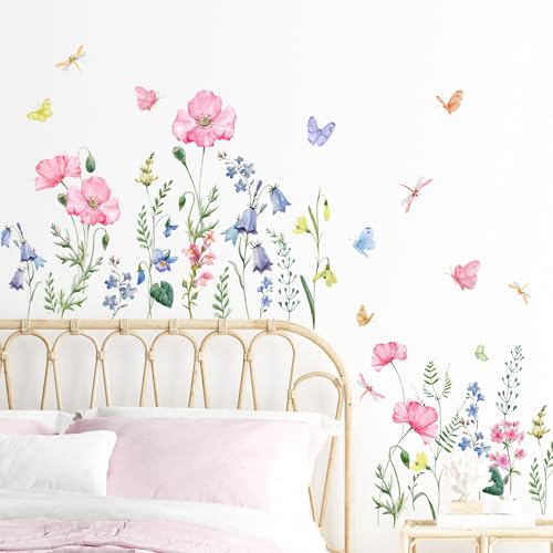 Watercolor Wildflower Wall Stickers Colorful Garden Flower Grass Butterflies Wall Decals for Girls Bedroom Living Room Home Office Wall Decor - Image 4