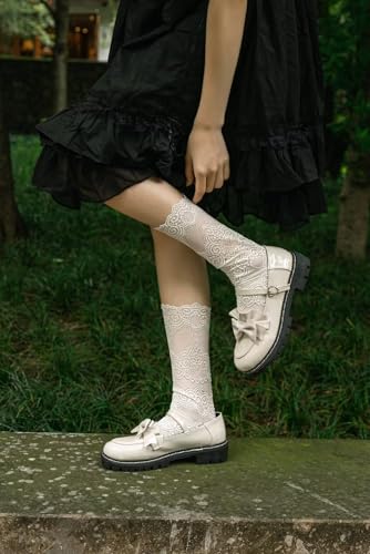 Image of Womens Lace Cotton Socks Transparent Mesh Ruffle Dress Calf Socks