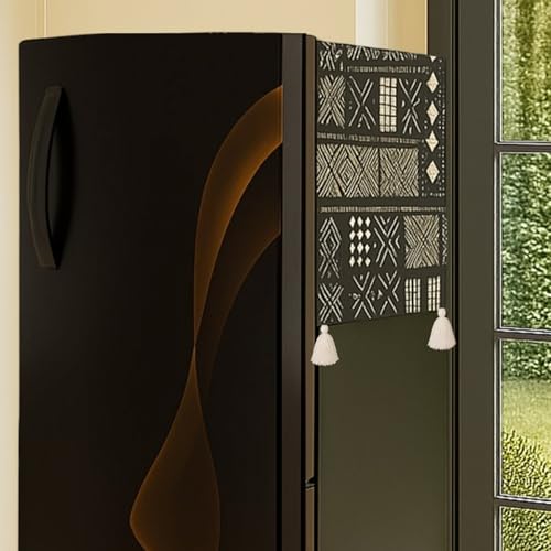 Image of WWW.THROWPILLOW.IN Fridge Top Cover for Single Door 100-250L | Fits Haier Samsung LG Godrej | 450 GSM Dustproof Fridge Cover Mat With Corner Tassels| Mud Cloth Print | Single Door Refrigerator Cover