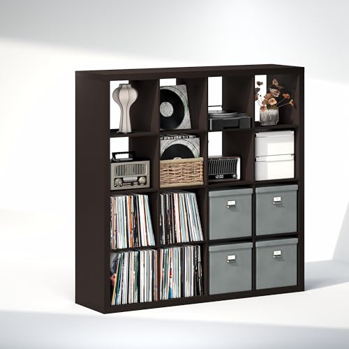Image of Furinno Cubicle Record Player Stand, 16-Cube Record Storage, Dark Oak | Vinyl Storage, 1.68 inchInch Triple Thick, Open Back Media Shelf for CD DVD Bluray Game Disc, for Living Room, Home Office