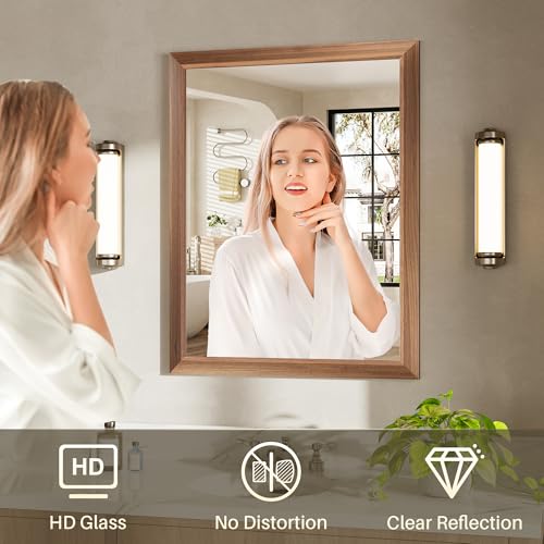 Image of 24x32 Inch Bathroom Mirror for Wall, Anti-Rust Walnut Wood Grain Metal Framed Bathroom Mirrors for Over Sink,Rectangler Mirrors for Bathroom Vanity, Farmhouse, Bedroom, Living Room, Entryway Decor