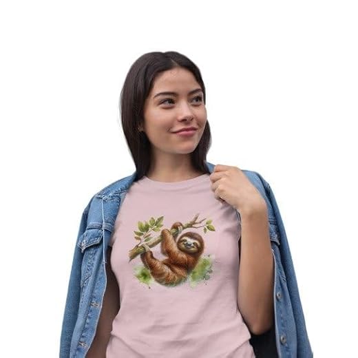 Camiseta de Algodão com Estampa de Preguiça em Aquarela, Manga Curta, Unissex (BR, Alfa, G, Regular, Rosa Bebê)