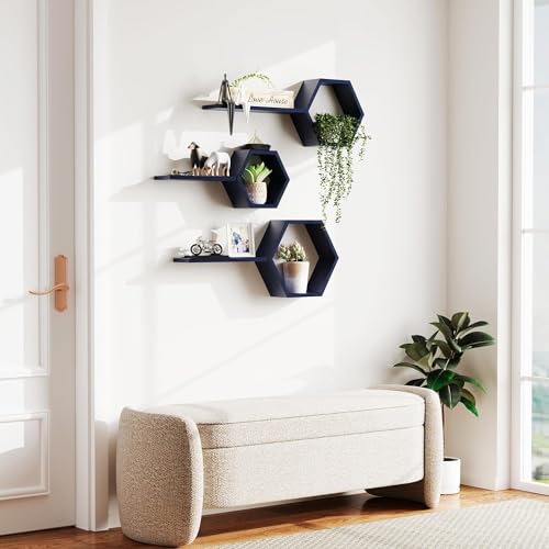 Image of Wooden Floating Wall Mounted Set of 6 Hexagon Shelves Display Shelf for Photos, Plants, Rustic Honeycomb Shelves for Living Room, Bedroom, Bathroom, Kitchen, Office (Navy)